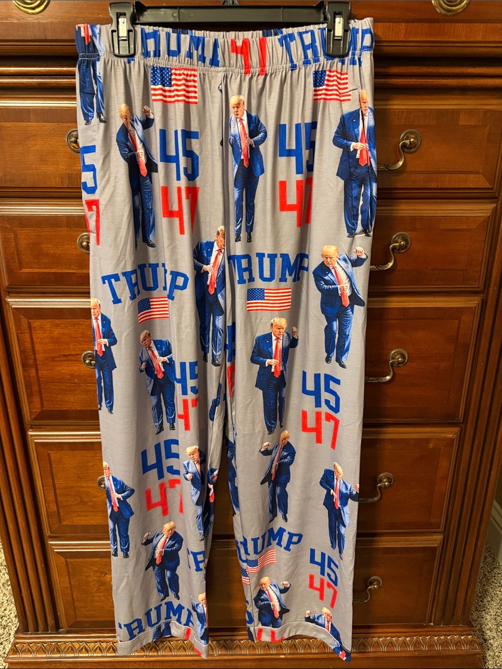 Novelty Gray Lounge Pants with Red, Blue & White Print